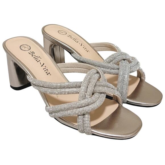 Bella Vita Women Carmen Cross Strap Slide Sandals Size US 6.5W Gold w/ Stones - Picture 2 of 6